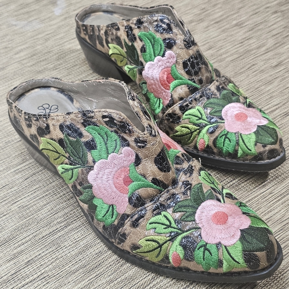 J.Renee Leopard Mules with Pink and Green Embroidery